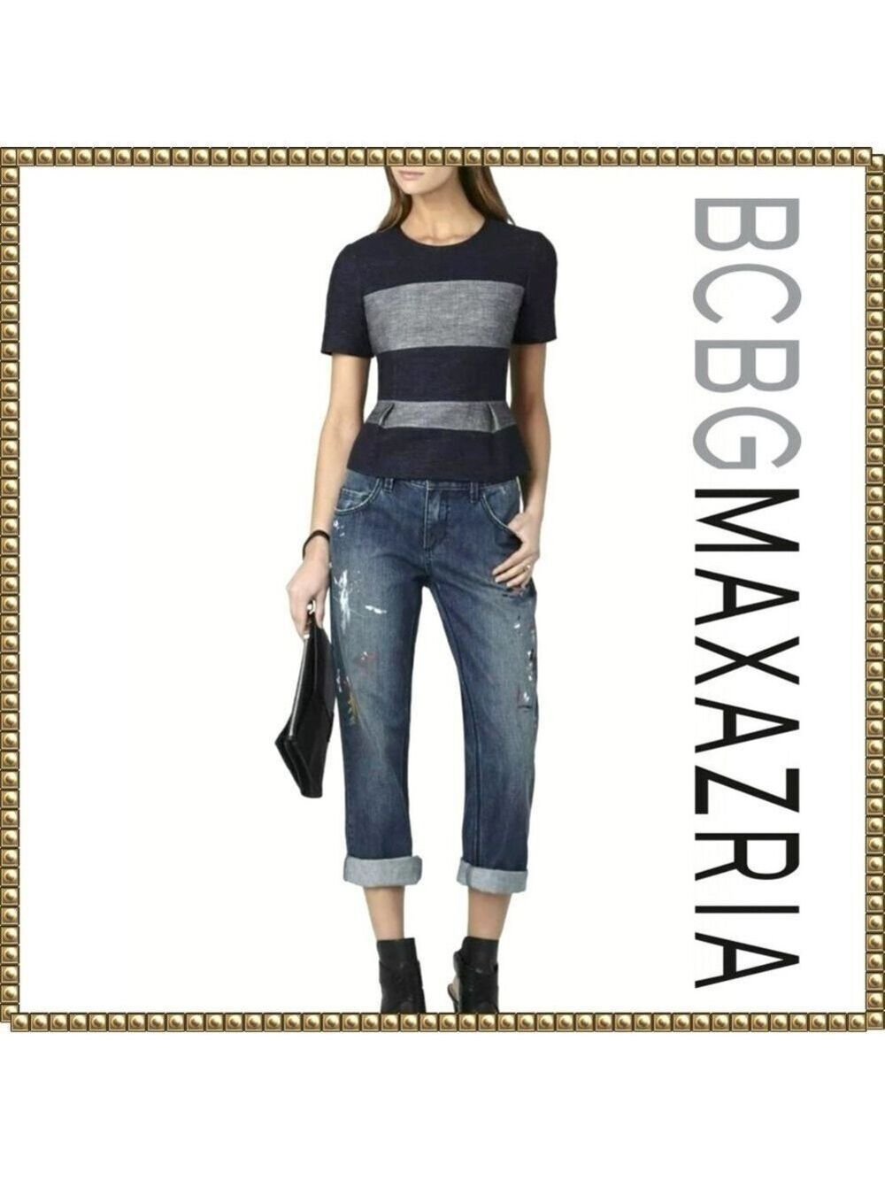 BCBGMAXAZRIA Navy Gray Linen Blend Peplum Top Extra Small